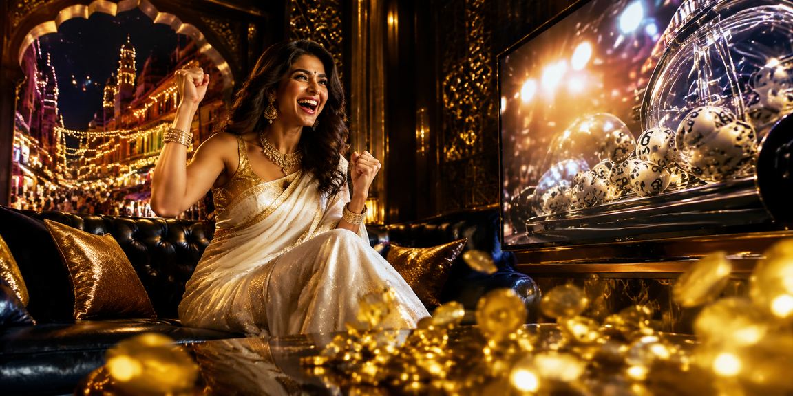 Elegant Indian woman celebrating with lottery tickets