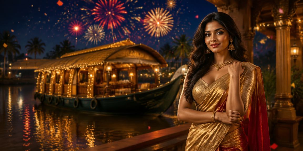 Scenic Kerala backwaters background with gaming vibe